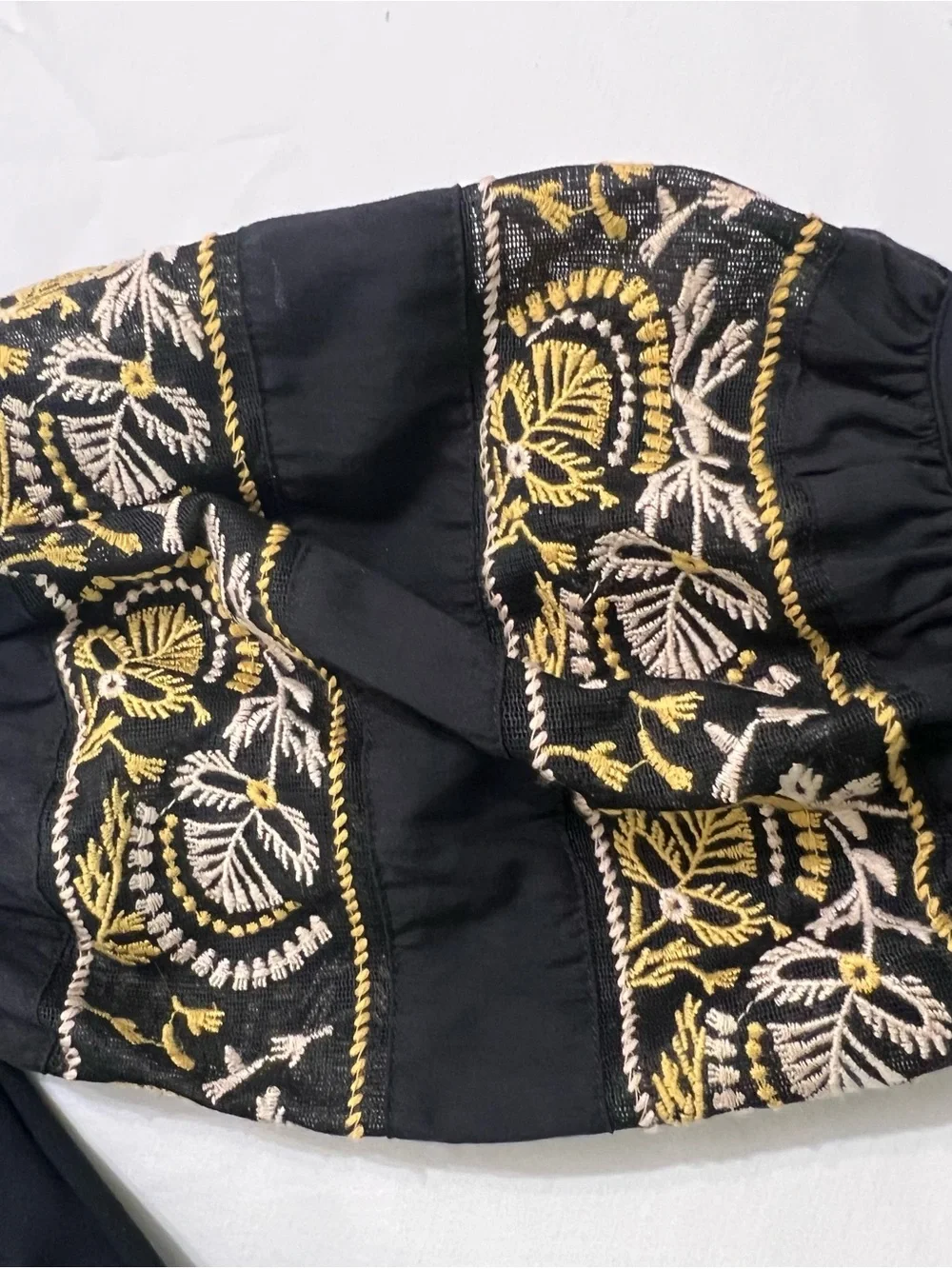 Free People Black Off-Shoulder Puff Sleeve Top with Yellow & White Embroidery M